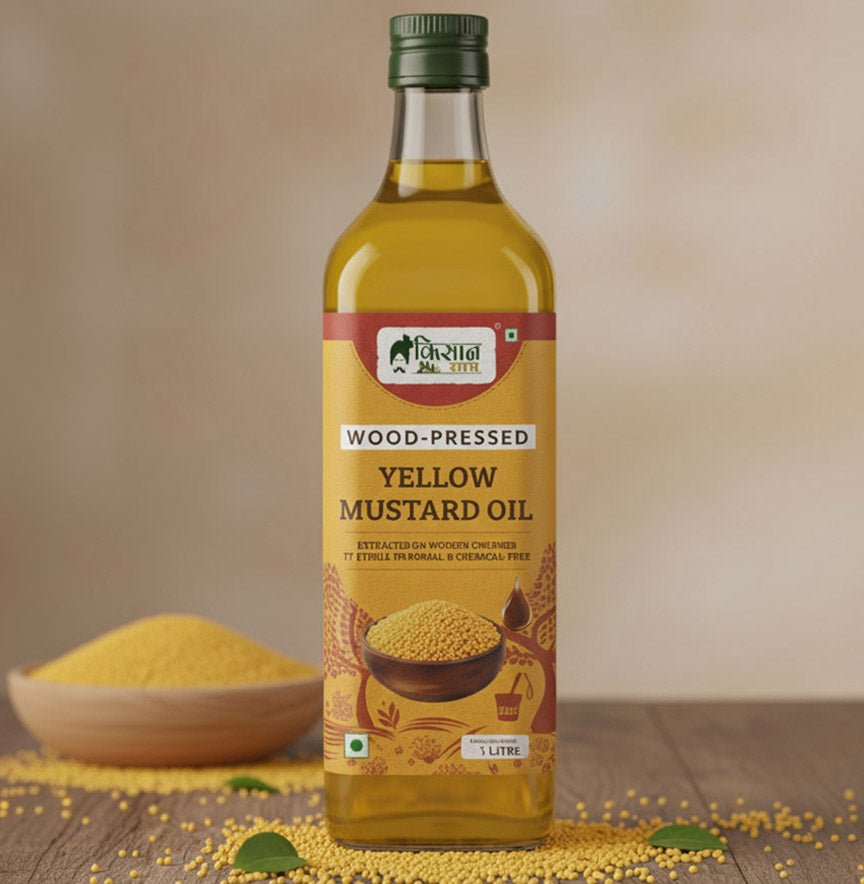 Kissan Ratan wood-pressed Yellow Mustard Oil bottle with organic mustard seeds.